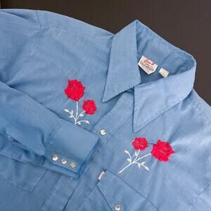 VTG Lazy H Western Shirt Mens Large Blue Rose Embroidered Pearl Snap Cowboy USA